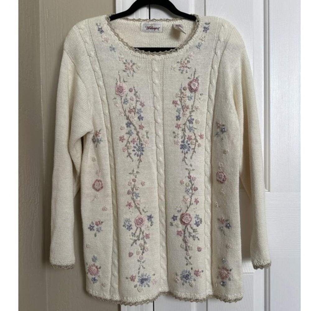 Vintage Worthington Floral Embroidered Sweater‎ Petite Medium Cable Cottagecore - Picture 2 of 7